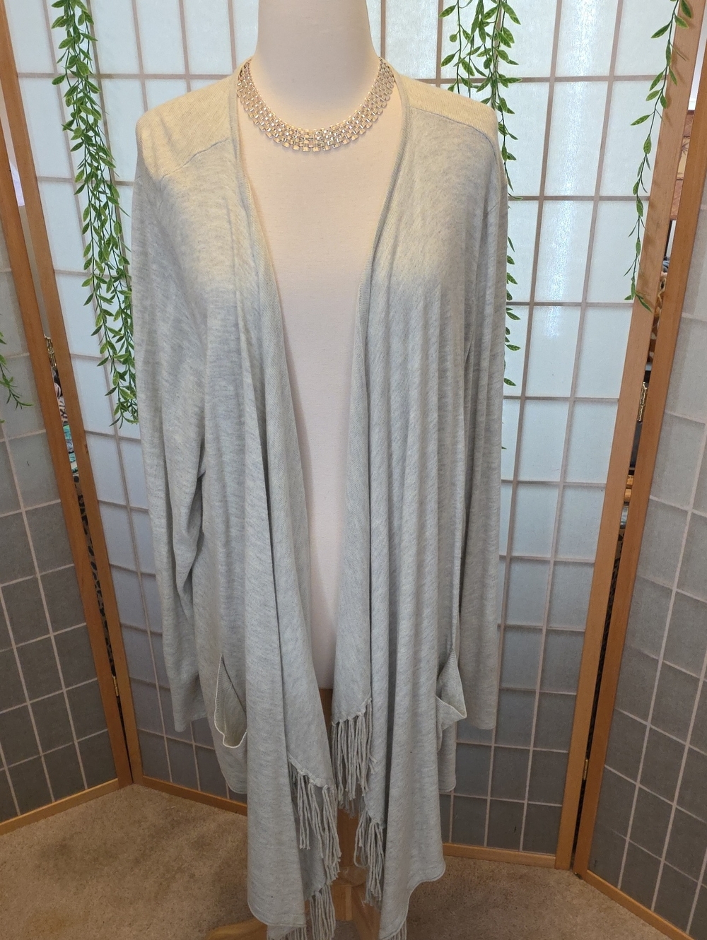Lane Bryant Light Gray Open-Front Fringe Cardigan